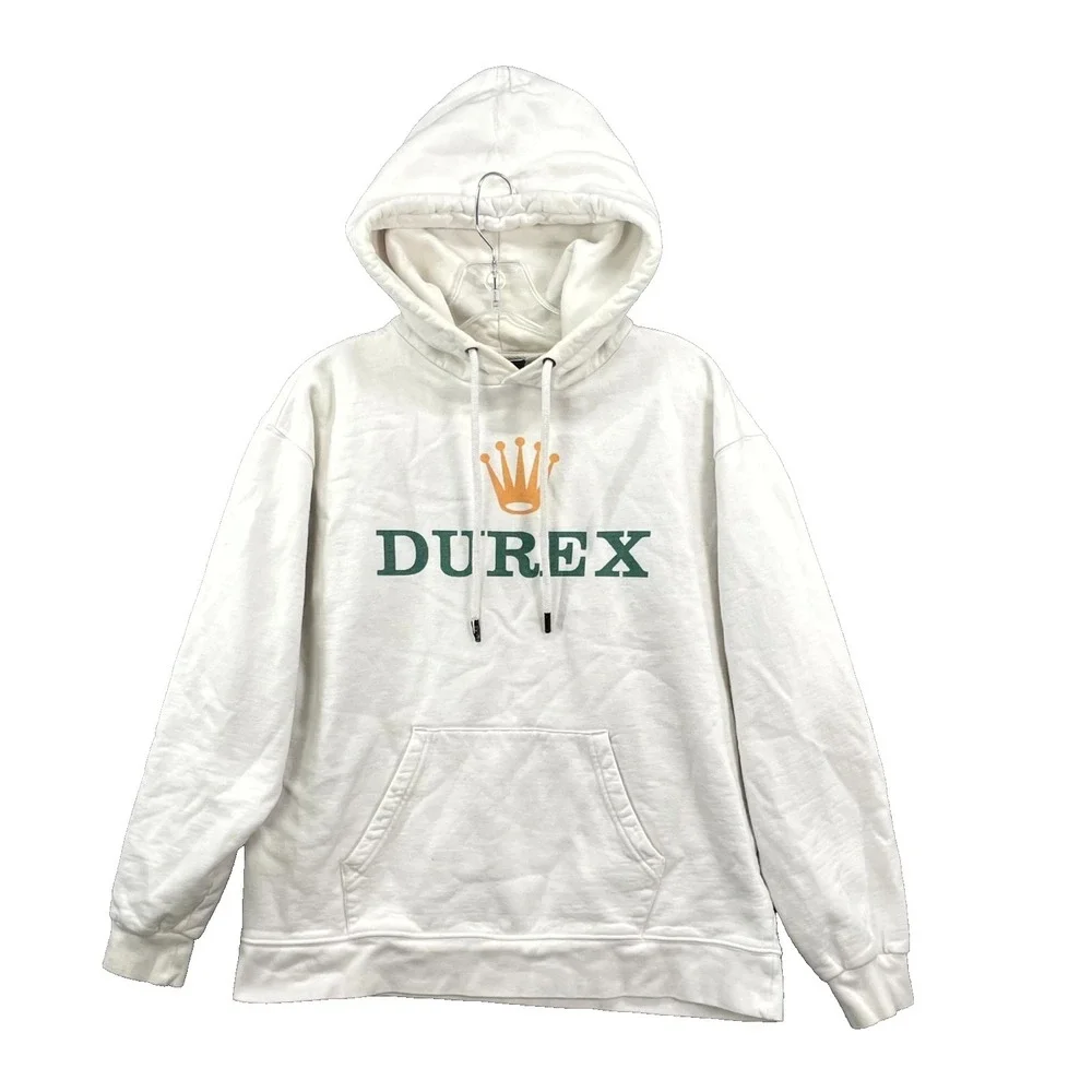 Dayze Cool Hoodie Mens Small Cream Graphic‎ Print Durex Crown Logo Fleece Lined